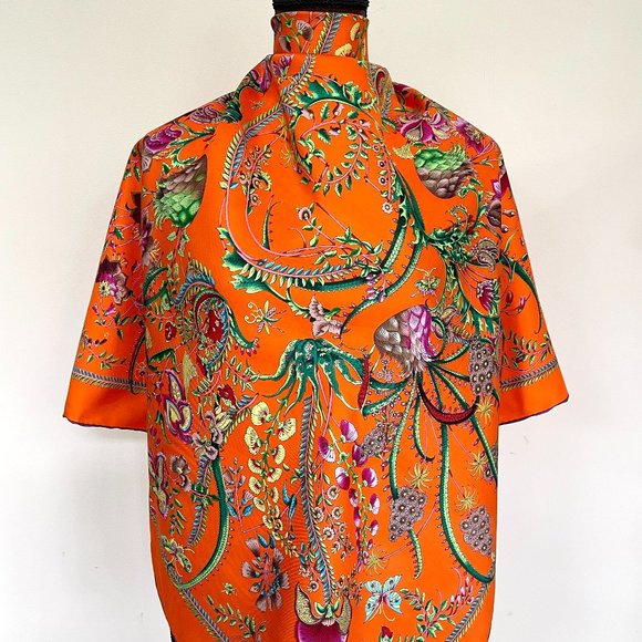 New Gucci Scarf Floral Orange Green Multicolor Flora Silk Wrap - Picture 11 of 16